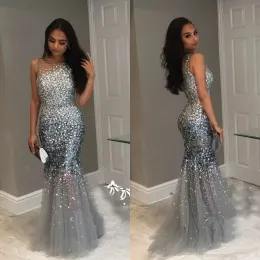 Işıltılı balo elbiseleri şeffaf boyun kolsuz kristal boncuklu tül denizkızı akşam elbisesi resmi önlükler vestido de festa 0425