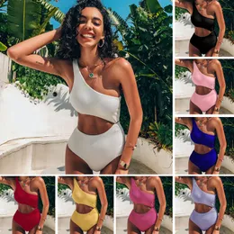 New swimsuit Europe and the United States sexy bikini ladies one-shoulder one-piece high waist solid color Bikini