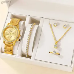 ساعة Wristwatches 6pc Watch Dainty Quartz Watch with Heart Jewelry مجموعة للنساء راينستون مشاهدة أقراط قلادة قلب مزدوجة مجموعة Ring 24319