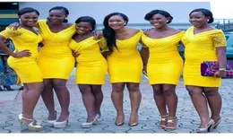 2016 amarelo curto damas de honra vestidos na altura do joelho bainha sexy fora do ombro sem costas vestido de noite de baile árabe vestidos de festa 4375557