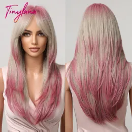 Perücken Grau Aschblond Rosa Highlight Kunsthaar Perücken mit Pony Lange gerade Ombre Cosplay Perücke für Frauen Natürliches geschichtetes Haar