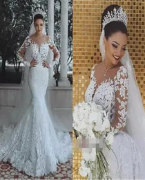 Luxury Bling Mermaid Wedding Dresses African Illsuion Neck Long Sleeve Applices Lace Country Wedding Dress 2020 Boho Robes de Mar9175004