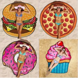 Mat Doughnut camp Round Beach Mat Tidy Pizza Burger Beach Towel Quickdrying Swim Towel Can Be Worn Padded Foodie Background Cloth