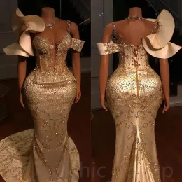 ebi 아랍어 ASO Gold Mermaid Prom Dresses 레이스 구슬 구슬 섹시한 저녁 형식 파티 두 번째 리셉션 생일 약혼 가운 드레스