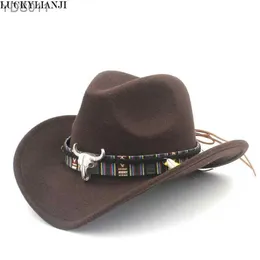 Breda brimhattar Bucket Luckylianji Child Kid Boy Girl Wool kände 100% Western Cowboy Hat Cowgirl Cow Head Leather Band (en storlek 54 cm) 240319