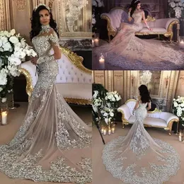 Glitzerndes Meerjungfrau-Hochzeitskleid, sexy, transparente Bling-Perlen, Spitzenapplikation, hoher Ausschnitt, Illusion, langärmlig, Champagner-Trompeten-Brautkleid