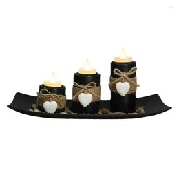 Ljusstakar svart hållare pelare uppsättning av 3 med bricka trähantverk ornament för romantiskt levande ljusbord i mitten stycke
