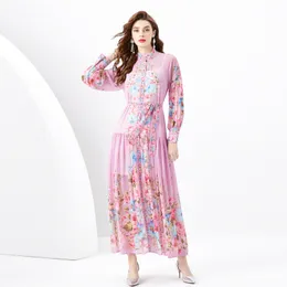 Womens Chiffon Floral Maxi Dress Stand Collar Long Flower Print Cardigan Shirts Dresses Designer Ladies Vintage Lantern Sleeve Casual Beach Party Robes Clothes