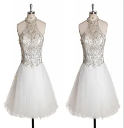 Glitter High Neck White Short Homecoming Prom Dress Cheap Sheer Neck Rhinestones Sequins beaded Top Tulle Beaded Graduation Cockta1299012