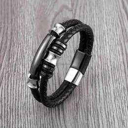 Bangle 2022 Nya rostfria armbågspärlor Europeiska och amerikanska punkstil Herrarmband Double Leather Link Classic Armband 240319