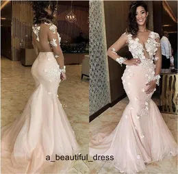 Illusion Mermaid Prom Dresses Sheer Neck Lace 3D apliques frisado mangas compridas Sweep Train Backless Evening Party Wear Pageant Gow9490305