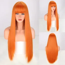 Perucas longas laranja retas sintéticas com franja de alta temperatura natural cabelo falso para mulher peruca cosplay lolita cabelo