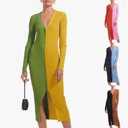 Casual Dresses Women Bodycon Dress Color Block Patchwork Autumn Single Breasted V Neck Midi för bröllop