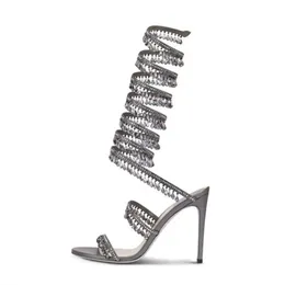 Rene caovilla kristal avize sandaletler diz boyu uzun boylu stiletto topuklar sandal akşam ayakkabıları kadınlar yüksek topuklu lüks tasarımcılar ayağı kutu ile