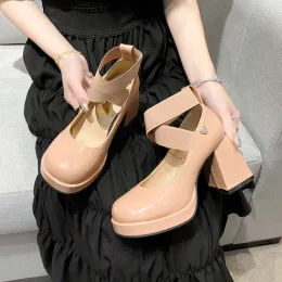 Buty 2023 Orange Shoes Woman Pasek Elegancki damski biuro pompki goth lolita platforma stiletto obcasy Mary Janes