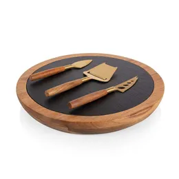 PICNIC TIME TOSCANA -insignia Serving Board Cheese Tools, Charcuterie and Cutting Set, (acacia Wood & Slate Black with Gold Accents), Large