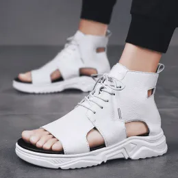 صندل الأزياء Hightop Men Summer Sandals Laceup Open Tee Shoes Highten Soft Sneakers Outdoor Walking Meskie Buty