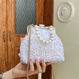 Topp axelväskor Pearl Handbag Sequin Womens Messenger Vintage Bag Banquet Party Single Designer Handväskor Tote 240311
