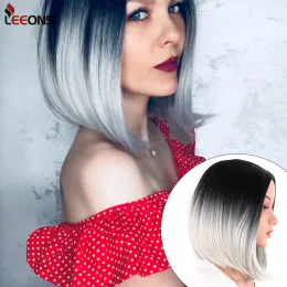 Perucas Leeons Africano Americano Bob Perucas Curtas Perucas Retas Para As Mulheres Peruca Comprimento Do Ombro Resistente Ao Calor Sintético Cabelo Marrom Preto