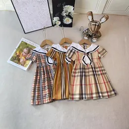 2024 Sommer Mädchen Plaid Kleider Kinder Marine Revers Kurzarm Plissee Kleid Designer Kinder Baumwolle Gitter Kleidung S1228