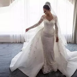 Vestido de casamento de renda feminina de luxo destacável 2 peças sereia manga longa rendas apliques vestidos de noiva de novias robe de mariage