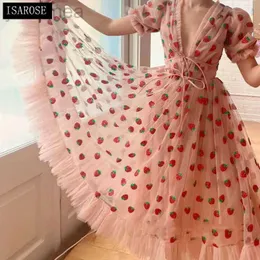 Basic Casual Dresses ISAROSE Strawberry Dress Women Summer Deep V Sleeve Sweet Voile Mesh Sequins Embroidery Party Dresses 4XL 5XL 24319