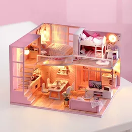 دمى خشبية دليل الأثاث يدوي لعبة Miniature DIY شقة Cabin Dollhouse 240304