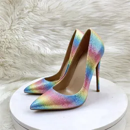 Sapatos de vestido sexy brilhante colorido arco-íris gradiente apontado dedo do pé 12cm 10cm 8cm 6cm salto alto fino marca rasa mulheres bomba rm036 roviciya