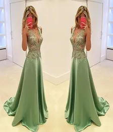 Prom Dresses Plunging V Neck Olive Green Satin Lace Appliques Pärlade illusion Långa aftonklänningar slitage Plus -storlek Formell festklänning3294160