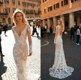 Berta Fancy Abito da sposa a sirena Pizzo floreale con applicazioni di perline Profondo scollo a V Backless maniche lunghe Abiti da sposa Abiti su misura5898967