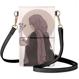 Axelväskor hijabi muslim flicka mobiltelefon väska naturlig vacker tecknad tryck avslappnad lång anpassad diy påse för kvinnor