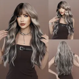 Peruker namm lång våg peruk med silvergrå gradient kvinnor populära syntetiska peruk för daglig cosplay hög densitet hår