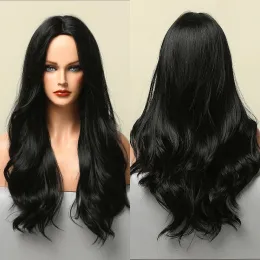 Charmsource longo preto natural ondulado perucas sintéticas parte do meio do cabelo para as mulheres diário cosplay festa perucas de fibra resistente ao calor