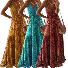 Feminine Charm Women's Vacation Style Sexy V-Neck Spaghetti Strap A-line Flared Dress with Bold Floral Print AST98485