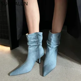 Boots SUOJIALUN 2023 Winter New Brand Women Ankle Boot Fashion Pointed Toe Pleated Ladies Short Boots Thin High Heel Outdoor Dress Pum