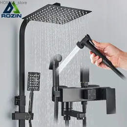 Bathroom Shower Heads Rozin Shower Faucet Set Comes with Sitting Bath Mixer Faucet Black Wall Mounted Brass Bathroom System Comes with Rack Bathtub spout Y240319