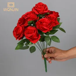 9 huvuden Rose Big Bouquet Holding Artificial Silk Diy Wedding Party Bunch Home Living Room Table Decor Fake Flowers