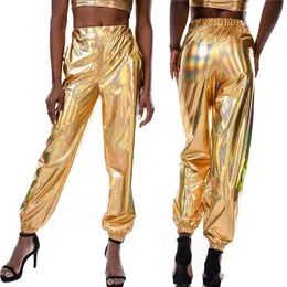 Pantaloni da donna riflettenti morbidi a vita alta metallizzati lucidi Jogger Pantaloni casual olografici di moda a colori 240309