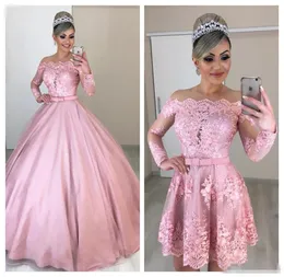 Quinceanera Dresses Blush Pink Puffy Sweet 16 PROMドレス取り外し可能なスカートのイリュージョンレース長袖フォーマル