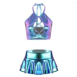 Vestidos de trabalho conjuntos de saia feminina metálico brilhante couro falso halter pescoço colheita tops com mini saias eróticas senhoras pornografia dança festa clubwear