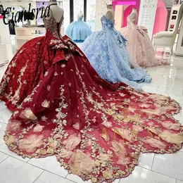 Красное бальное платье Quinceanera Платья Кружевные аппликации с открытыми плечами Vestidos De 15 anos Платье со шлейфом средней длины Пышное милое платье 16 лет