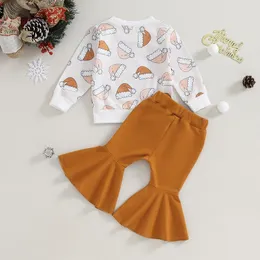 Set di abbigliamento Bambino Neonata Vestito natalizio Manica lunga Cappello da Babbo Natale Felpa con stampa Top Pantaloni a zampa d'elefante Set da 2 pezzi