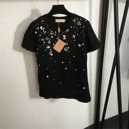 Women's T-Shirt Diamante Sequins Women T Shirt Tops Flower Embellished Short Sleeve Luxury Designer Casual Tees