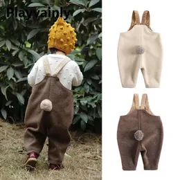 Spring Autumn Boys and Girls Overalls Solid Soft Woolen Cloth Rabbit Tail Straps Jumpsuit Children Casual Warm Pants E23430 240305