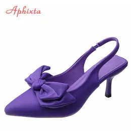 Sandálias Aphixta 7cm Saltos finos sandálias femininas apontadas de ponta roxa de seda roxa ladries slides modernos sapatos plus size 42