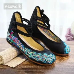 フラットVeowalk Glitter Speecins Peacock Embroidery Women Canvas Ballet Flatsレディースカジュアルウォーキングシューズチャイニーズスタイルのコットンバレリーナ