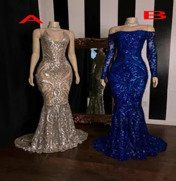 Glitzernde Pailletten-Applikationen, Meerjungfrau-Abendkleider 2020, Königsblau, Silber, Langarm, sexy afrikanisches schwarzes Mädchen-Abschlussball-Partykleid, Kleid 6577178