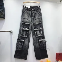 الجينز النسائي 2024 ربيع الخريف فتاة حار بارد أزياء كبيرة الجيب هالو صبغ التصميم DENIM DENIM WIDE WIDE LEG PANTS LX189