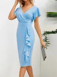 Casual Dresses Elegant Office Wear OL Women's Dress Solid Black Pink Blue Green V Neck Ruffle Design Slim Fit Bandage Wrap Sheath Party