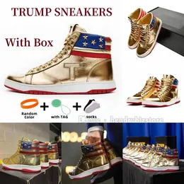 Prezydenckie Trump Sneakers Buty koszykówki męskie Niedająca wysoki, zwykli projektanci but mody Złota biała gumowa Jedyna złota górna koronkowa koronkowa trenerów Trumps